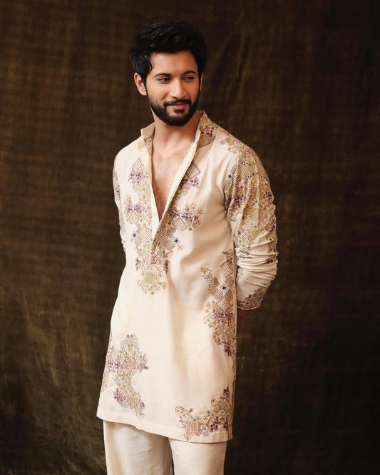 IVORY MULTI EMBROIDERED KURTA PAJAMA SET FOR MENS