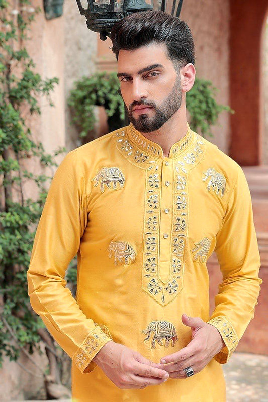 YELLOW FOIL EMBROIDERY WORK KURTA PAJAMA SET FOR MEN'S