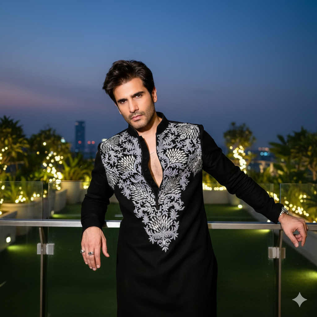 BLACK FOIL EMBROIDERED SHORT KURTA WITH PAJAMA