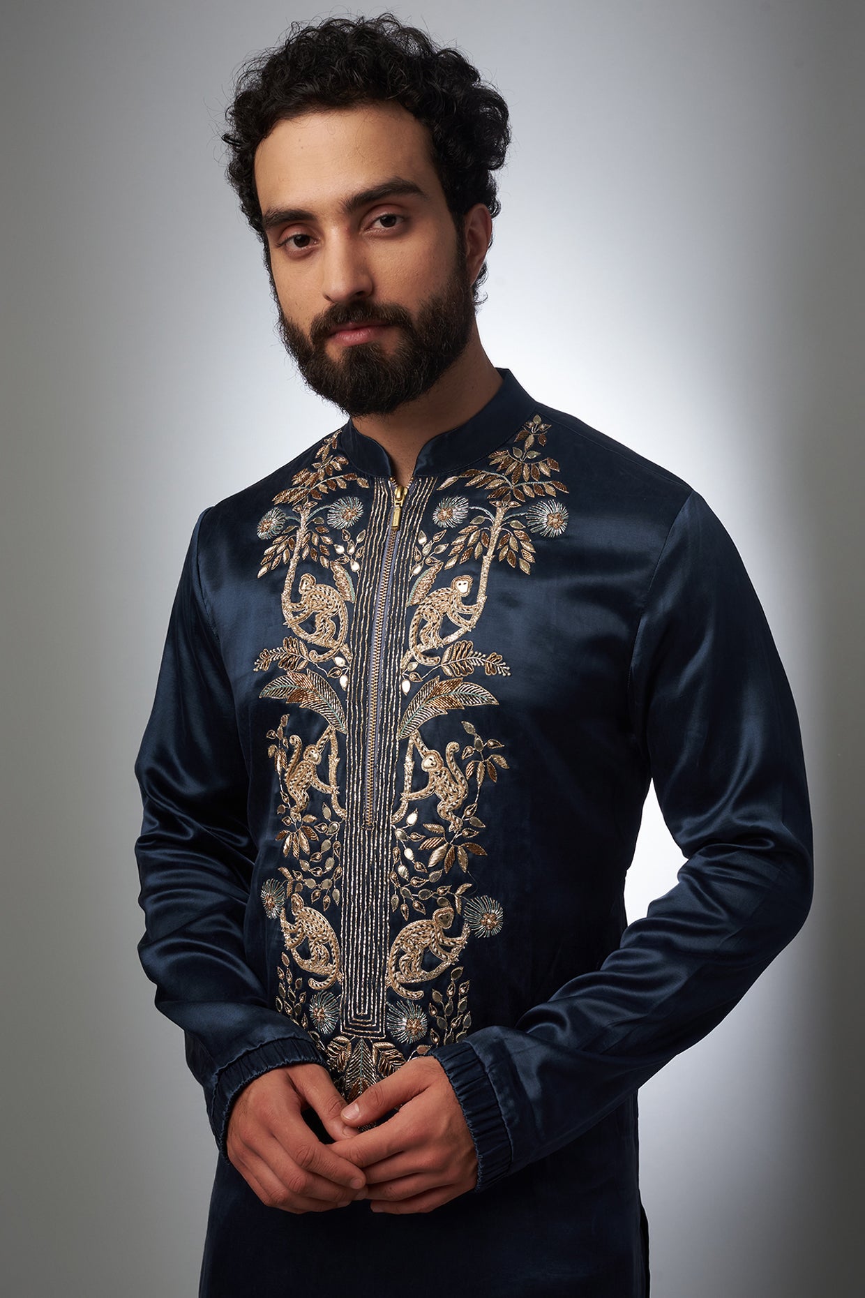 BLUE NACK SATIN MONKEY EMBROIDERED KURTA WITH PAJAMA SET