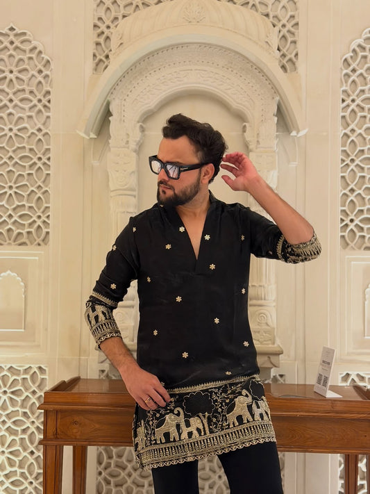 BLACK ELEPHANT AND BUTTI EMBROIDERY WORK KURTA PAJAMA SET