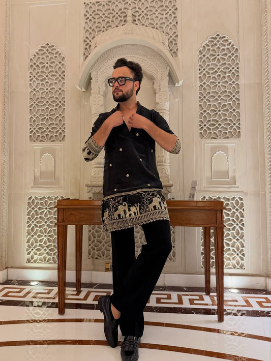 BLACK ELEPHANT AND BUTTI EMBROIDERY WORK KURTA PAJAMA SET