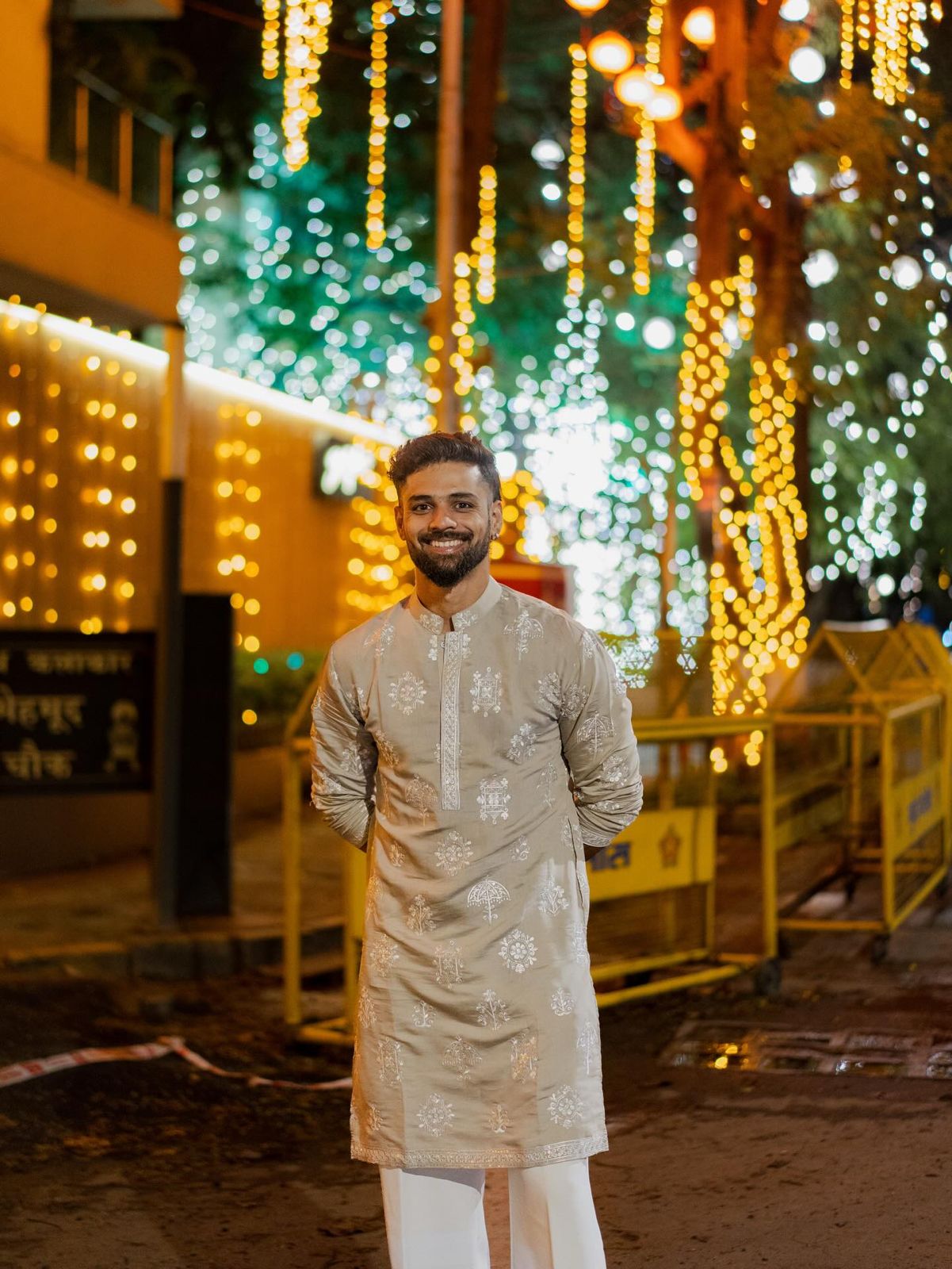 BEIGE MUSLIN SILK RESHAM MOTIF EMBROIDERED KURTA PAJAMA SET