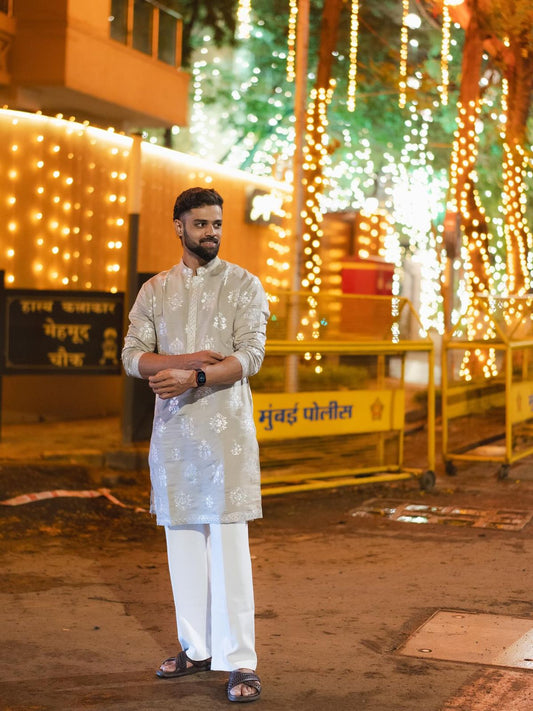 BEIGE MUSLIN SILK RESHAM MOTIF EMBROIDERED KURTA PAJAMA SET