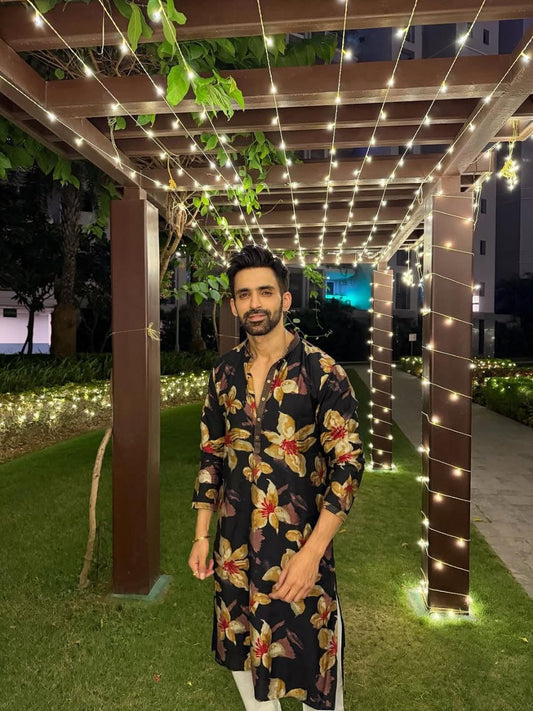 BLACK FLORAL PRINTED KURTA WITH PAJAMA SET FOR MEN