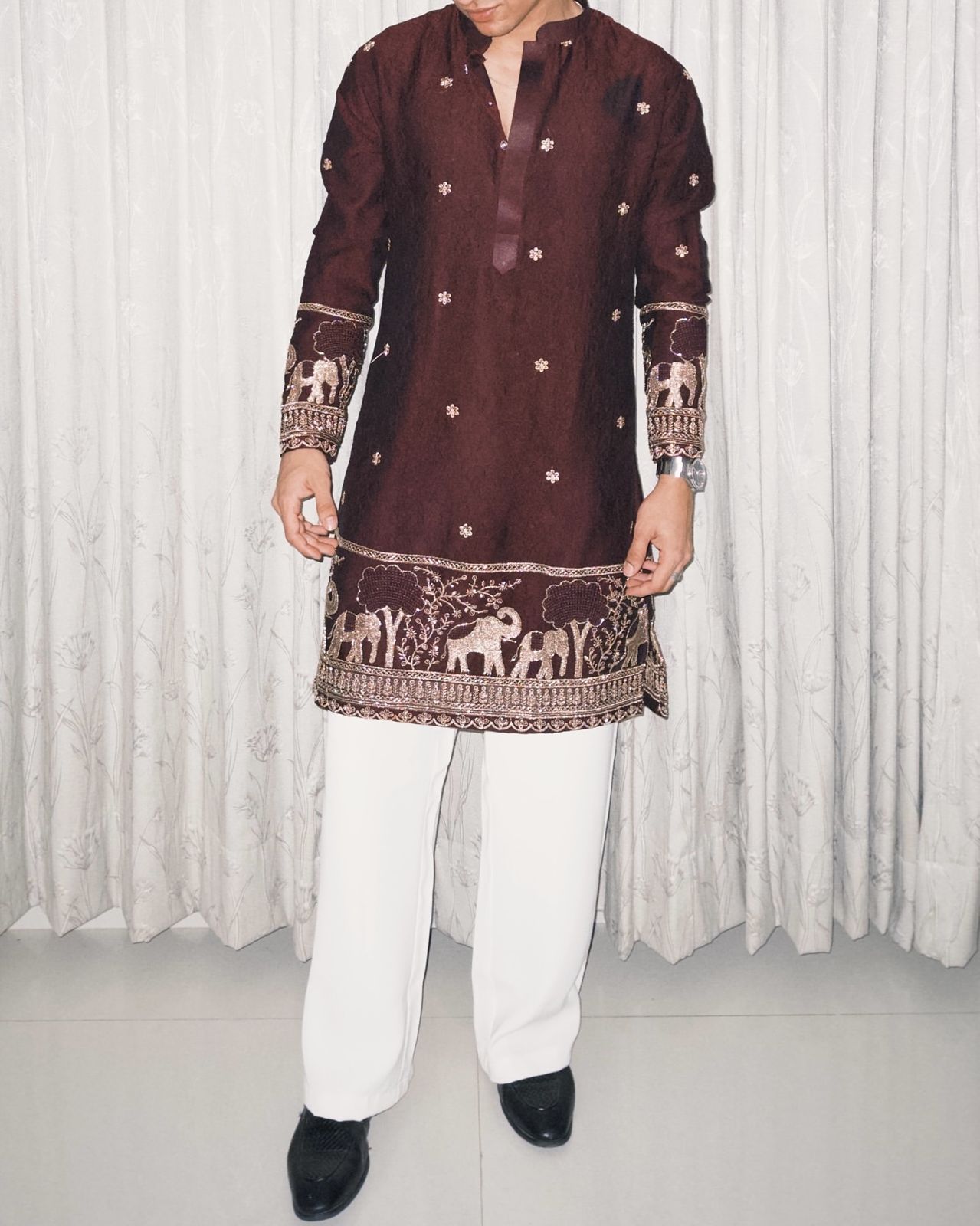 BROWN ELEPHANT AND BUTTI EMBROIDERY WORK KURTA PAJAMA SET