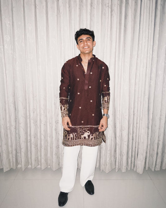 BROWN ELEPHANT AND BUTTI EMBROIDERY WORK KURTA PAJAMA SET