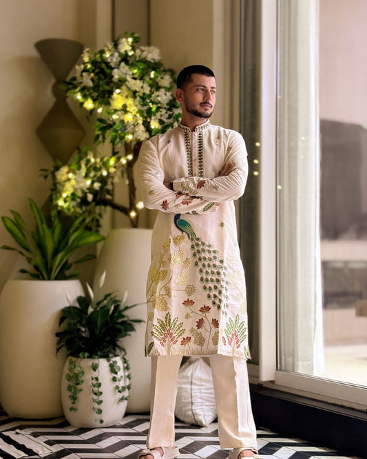 IVORY TREE OF LIFE PEACOCK KURTA PAJAMA SET FOR MEN