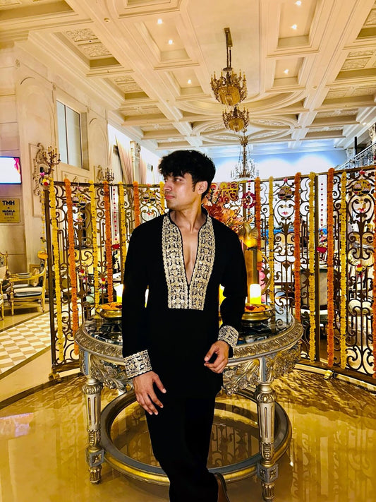 BLACK V NECK EMBROIDERD SHORT KURTA WITH PAJAMA SET