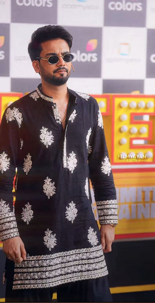 black kurta with heavy white thread embroidery