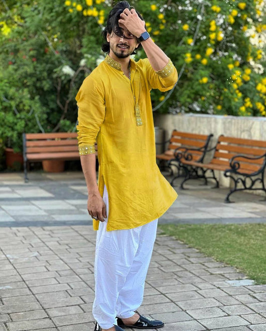 FAISU MUSTARD YELLOW MIRROR EMBROIDERY KURTA AND PAJAMA