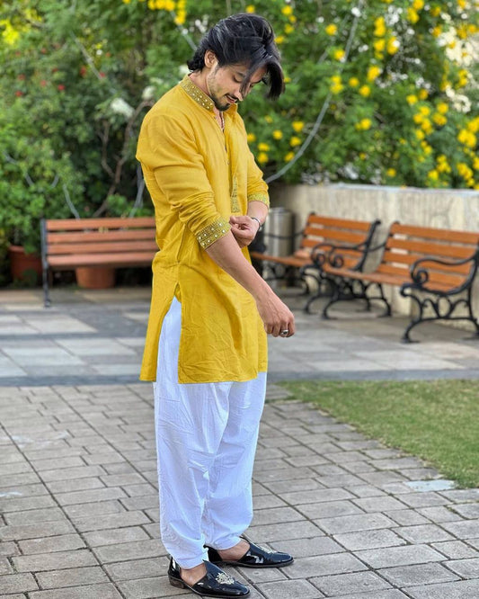 FAISU MUSTARD YELLOW MIRROR EMBROIDERY KURTA AND PAJAMA