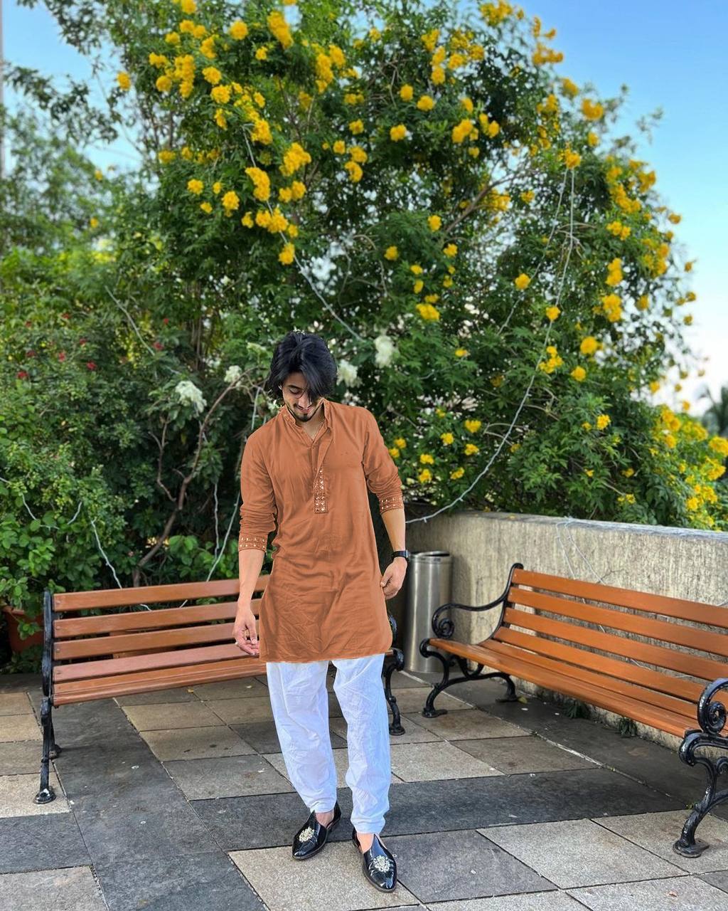 FAISU BROWN MIRROR EMBROIDERY KURTA AND PAJAMA