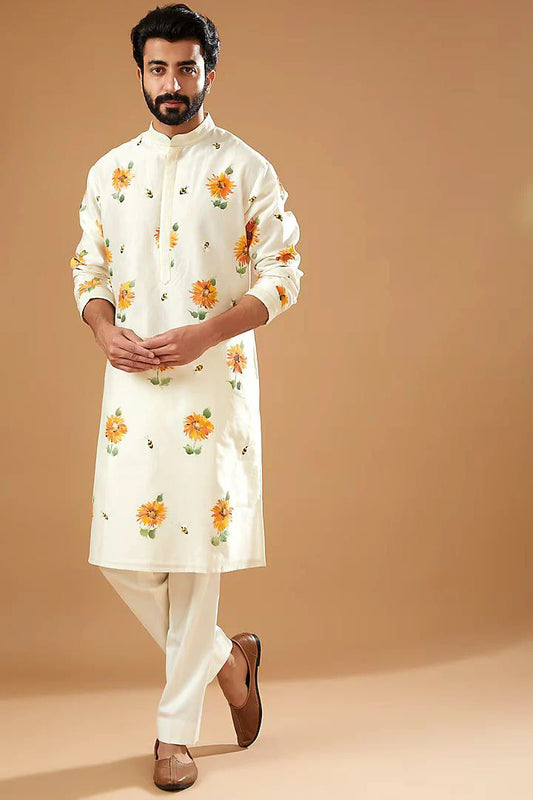 IVORY CHANDERI HANDLOOM PRINTED KURTA PAJAMA SET FOR MEN'S