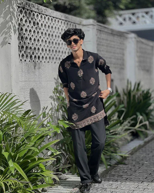STYLISH BLACK ZIPPER N EMBROIDERED WORK KURTA WITH PAJAMA