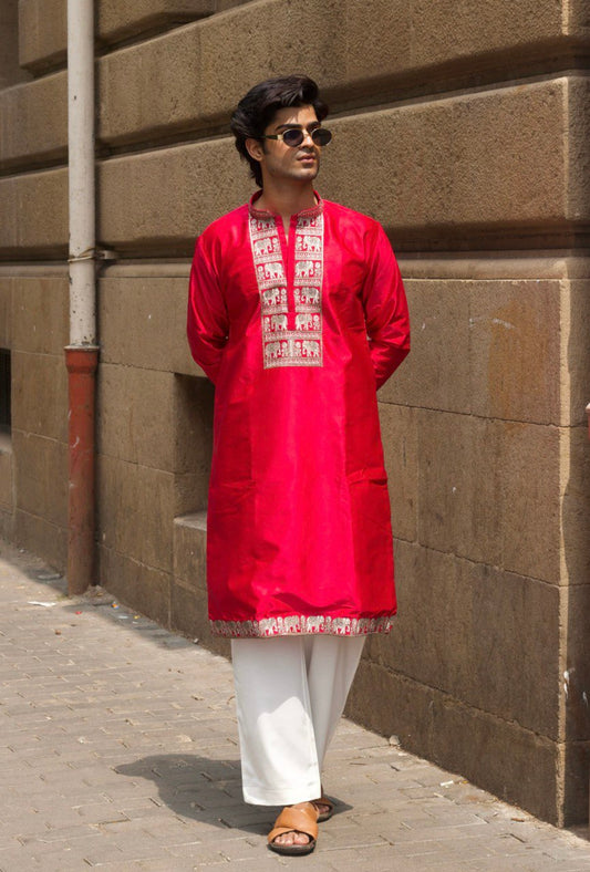RED JARI ELEPHANT EMBROIDERED WORK KURTA PAJAMA SET FOR MEN'S