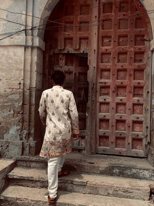 CREAM SCHIFFLI VIRAASAT PRINTRD KURTA WITH PAJAMA