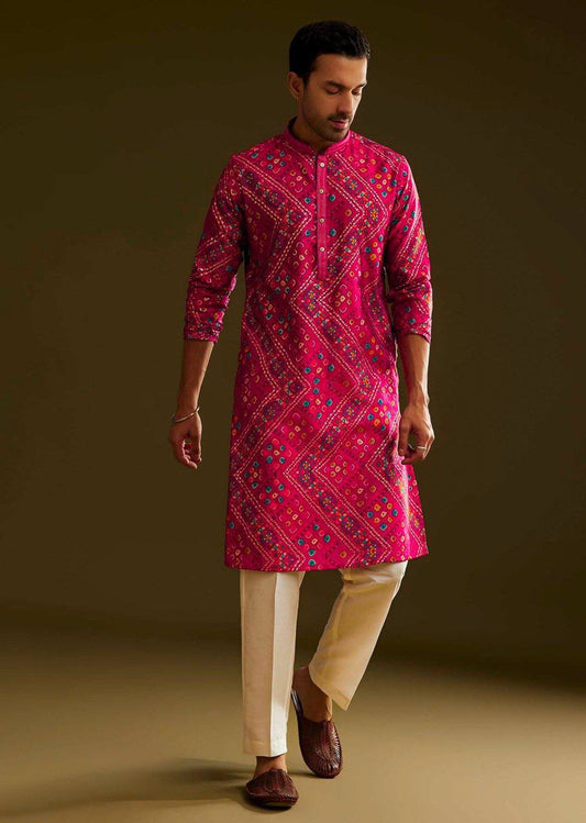 RED SILK BANDHANI PRINTED KURTA WITH PAJAMA