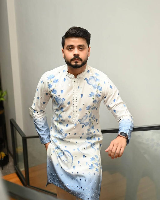 BLUE OMBRE PRINTED AND MIRROR WORK KURTA PAJAMA SET