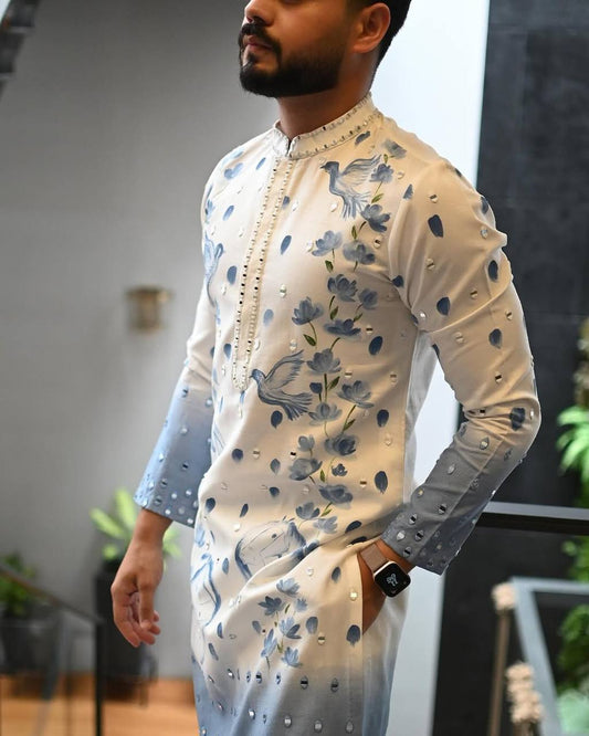 BLUE OMBRE PRINTED AND MIRROR WORK KURTA PAJAMA SET