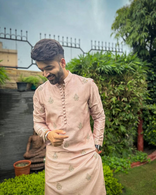 PEACH HEND WORK MOTIF EMBROIDERED KURTA WITH BLACK PAJAMA