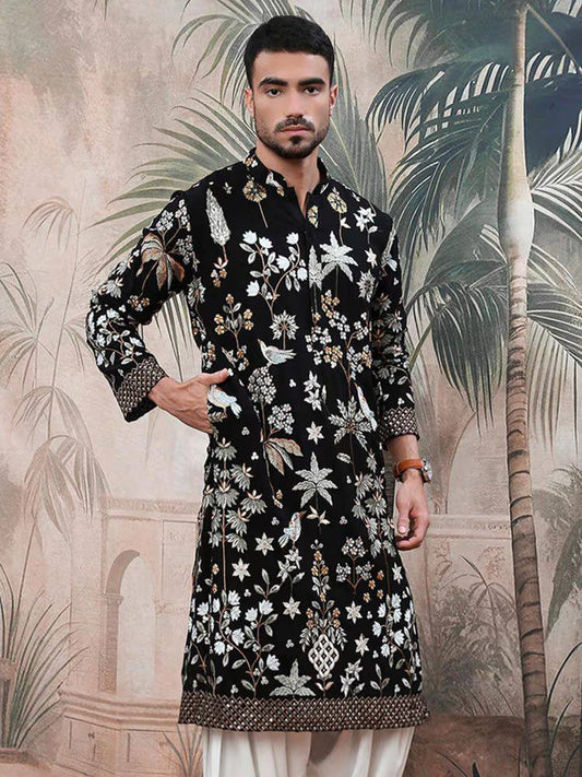 MEN'S EMBROIDERED BLACK KURTA PANT SET