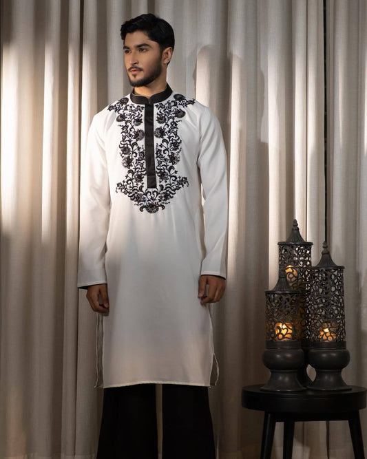 COTTON NECK EMBROIDERED WHITE KURTA WITH BLACK PAJAMA