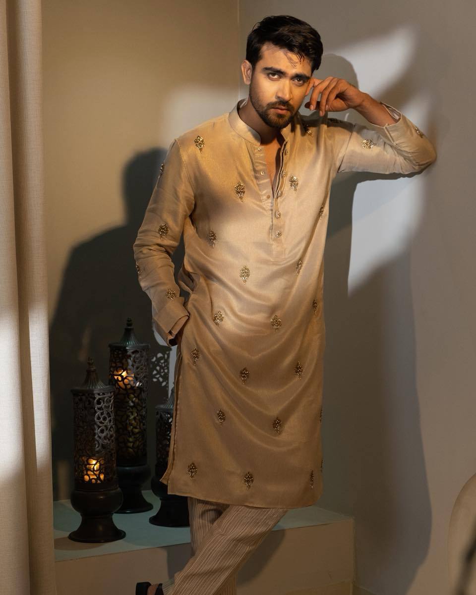 CREAM WORK MOTIF EMBROIDERED KURTA WITH PAJAMA