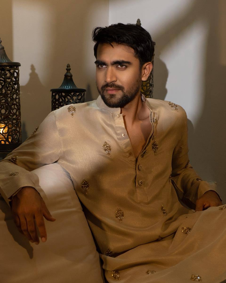 CREAM WORK MOTIF EMBROIDERED KURTA WITH PAJAMA