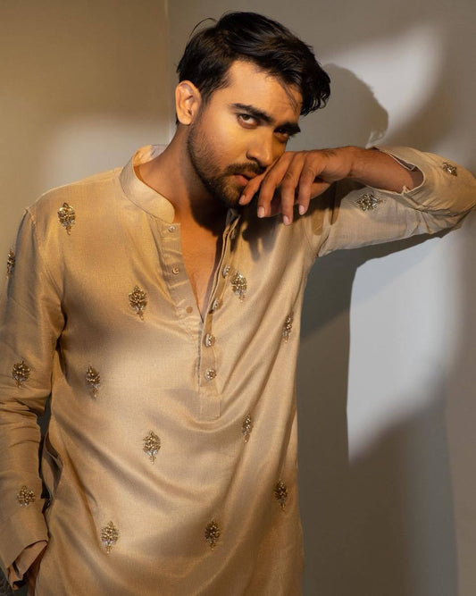 CREAM WORK MOTIF EMBROIDERED KURTA WITH PAJAMA