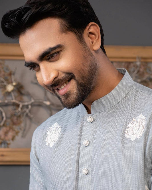 STEEL BLUE EMBROIDERED BUTTI KURTA WITH PAJAMA