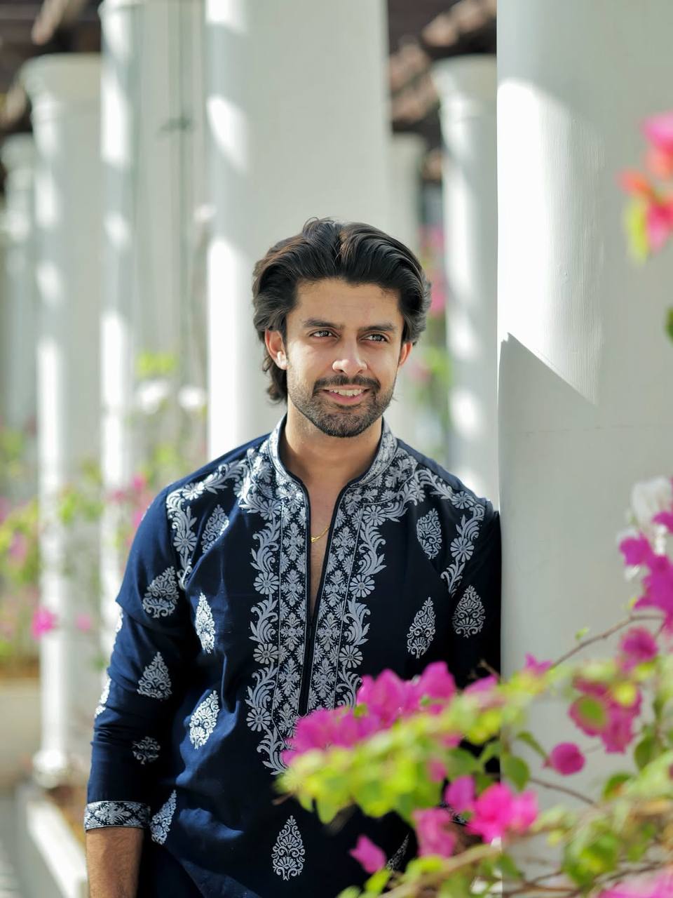 OXFORD BLUE NECK EMBROIDERED WORK KURTA WITH PAJAMA FOR MENS