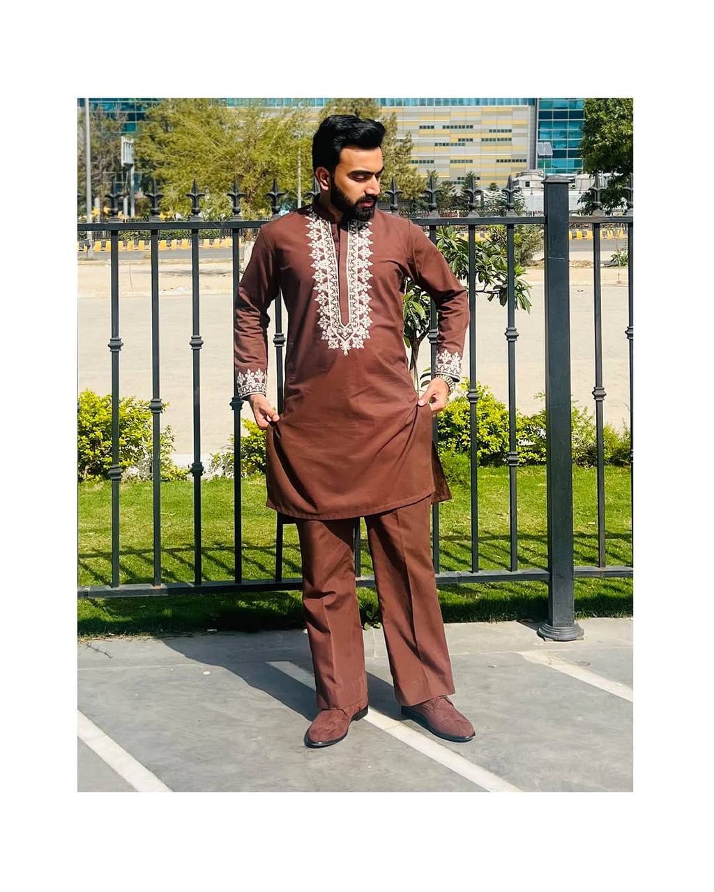 BROWN COTTON EMBROIDERED KURTA WITH PAJAMA SET