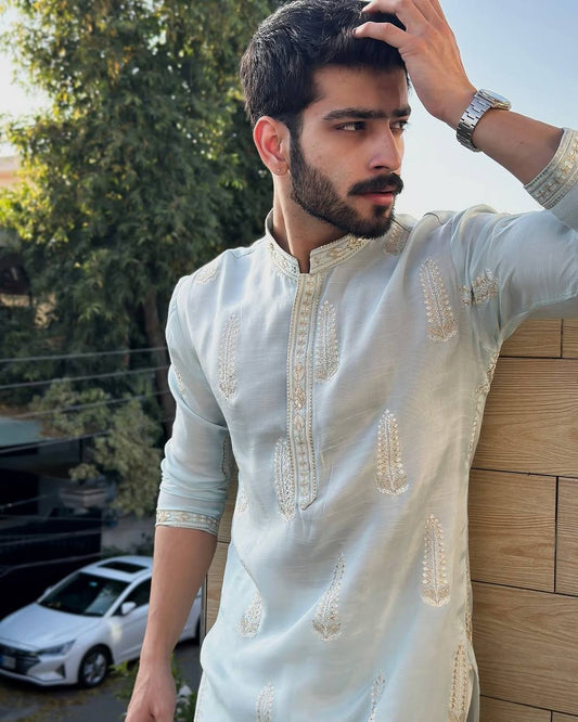 STYLISH SKY BLUE EMBROIDERY WORK DESIGNER KURTA FOR MEN'S