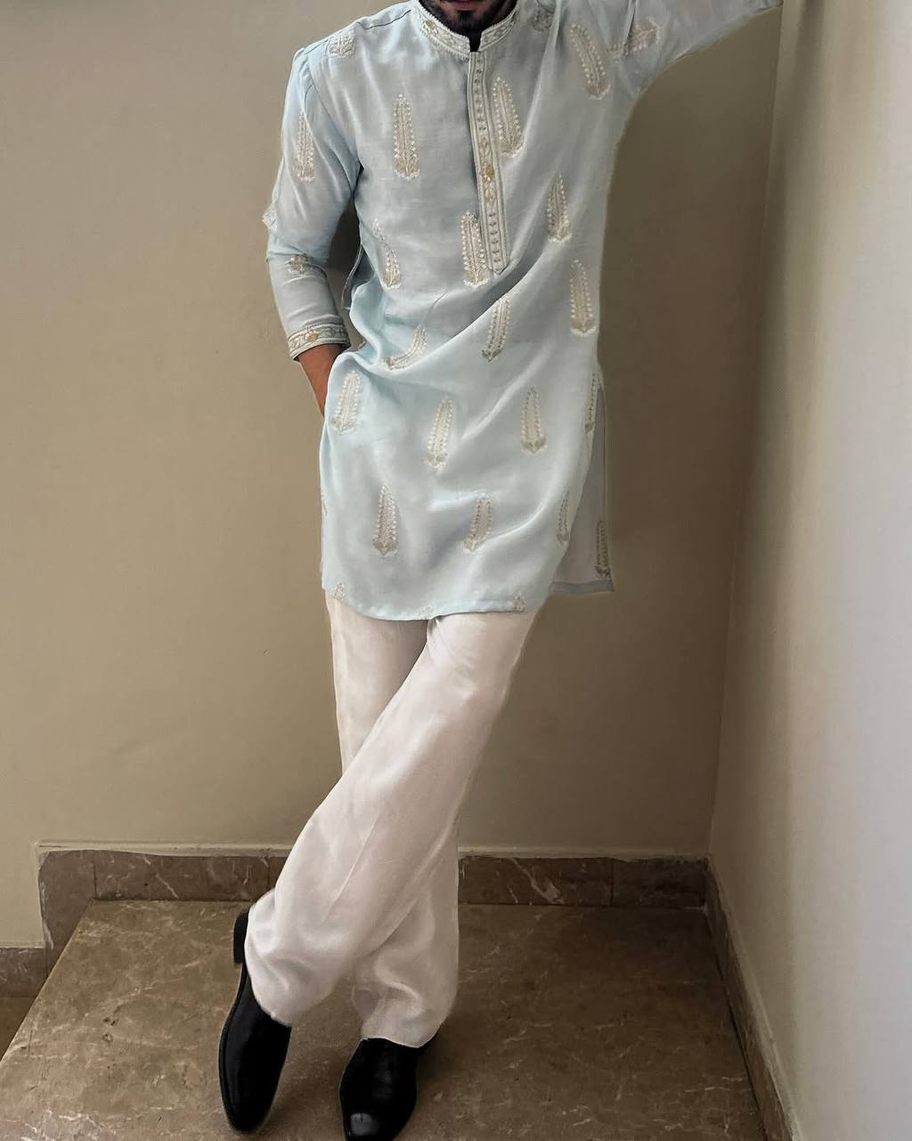 STYLISH SKY BLUE EMBROIDERY WORK DESIGNER KURTA FOR MEN'S