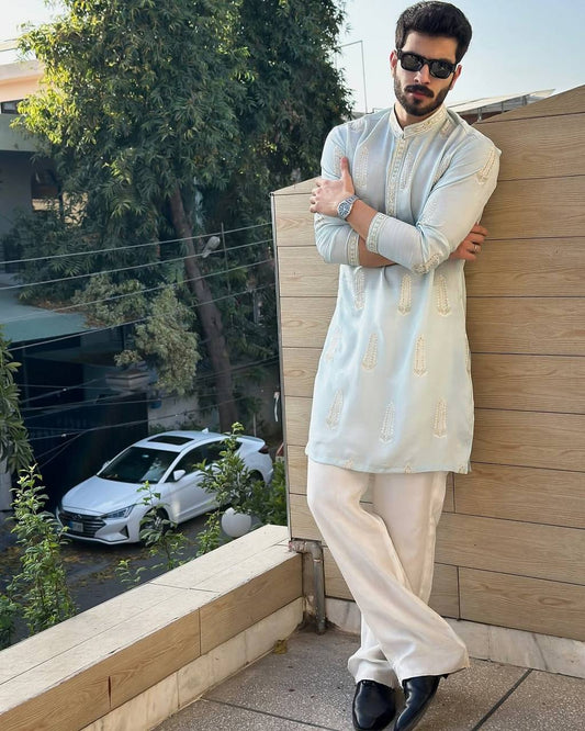 STYLISH SKY BLUE EMBROIDERY WORK DESIGNER KURTA FOR MEN'S