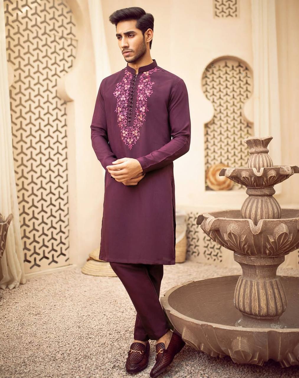 WINE COTTON EMBROIDERED KURTA WITH PAJAMA SET
