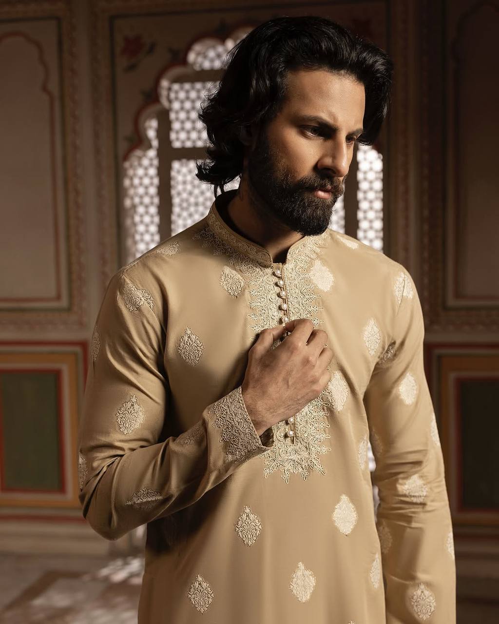 MID CREAM NECK EMBROIDERY WORK MEN'S KURTA