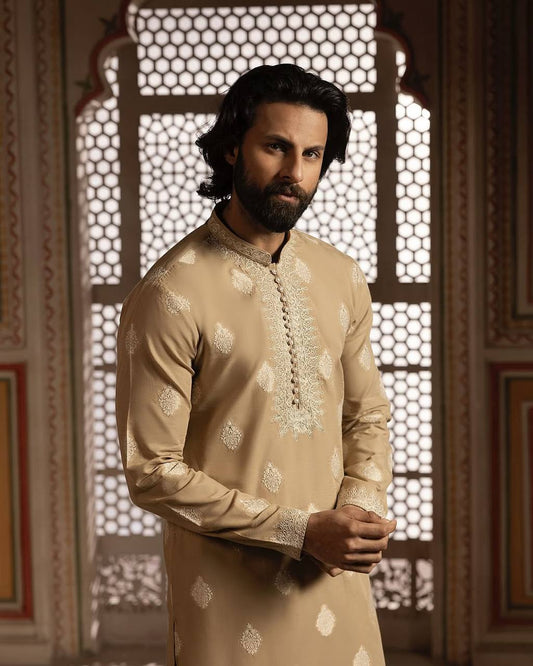 MID CREAM NECK EMBROIDERY WORK MEN'S KURTA