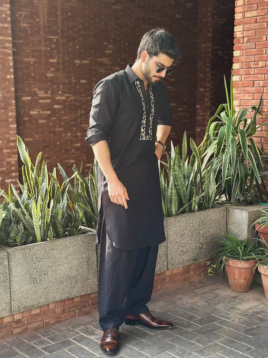 BLACK NECK COTTON EMBROIDERED WORK KURTA PAjaMA SET FOR MEN'S