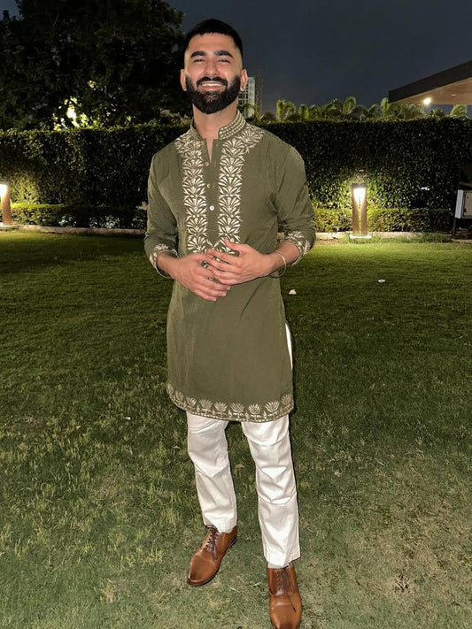 PISTA GREEN LEAF FOIL WORK EMBROIDERED KURTA WITH PAJAMA