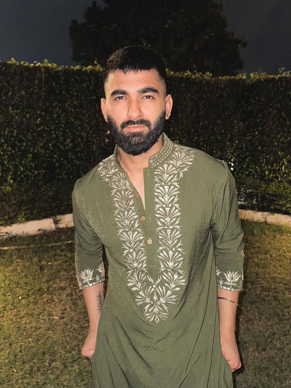 PISTA GREEN LEAF FOIL WORK EMBROIDERED KURTA WITH PAJAMA