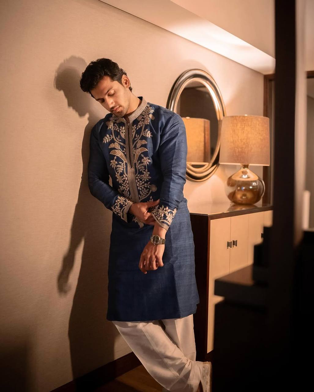 BLUE NACK SATIN EMBROIDERED KURTA WITH PAJAMA SET