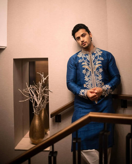 BLUE NACK SATIN EMBROIDERED KURTA WITH PAJAMA SET