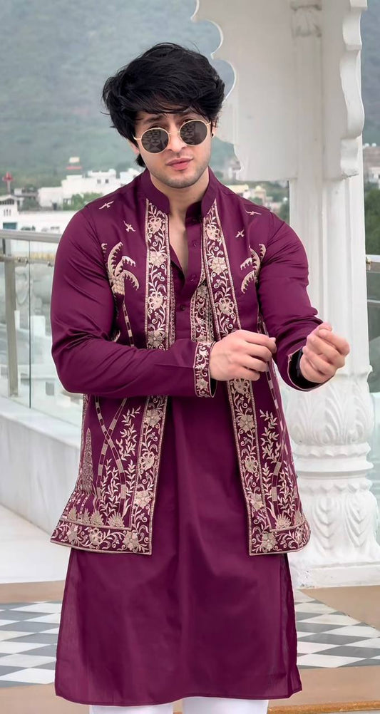 PURPLE EMBROIDERED WAISTCOAT AND KURTA PAJAMA SET