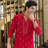 RED MIRROR EMBROIDERED WORK KURTA PAJAMA SET FOR MEN'S