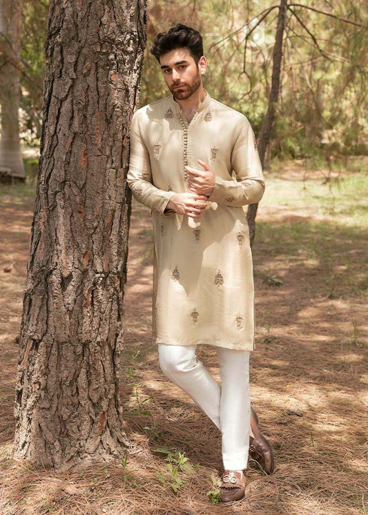 MID CREAM EMBROIDERY WORK MEN'S KURTA WHITE PAJAMA