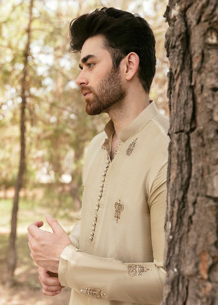 MID CREAM EMBROIDERY WORK MEN'S KURTA WHITE PAJAMA