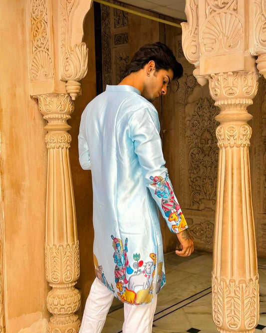 SKY BLUE KRISHNA WITH COW PRINT KURTA PAJAMA
