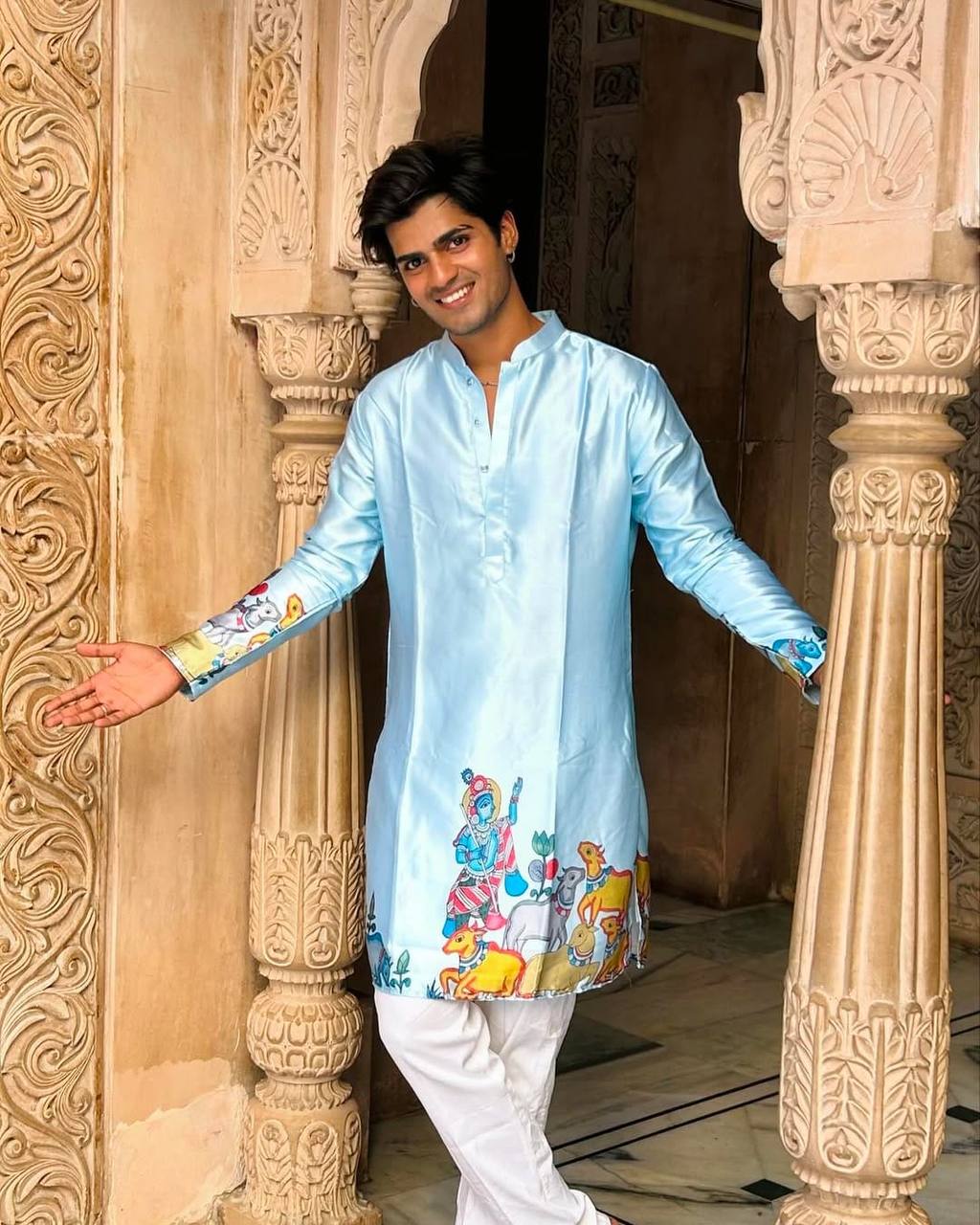 SKY BLUE KRISHNA WITH COW PRINT KURTA PAJAMA